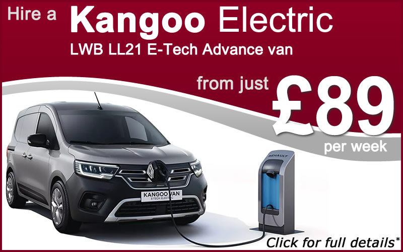 Hire a Renault Kangoo Electric LWB van from just £99.00 + VAT per week - click for details and terms and conditions.